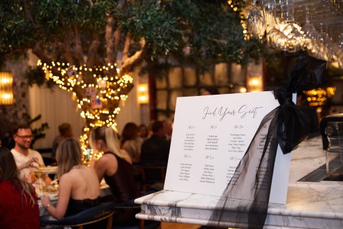 Wedding reception scene with string lights and a seating chart display on a marble podium in the foreground