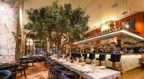 Upscale restaurant with a large indoor tree centerpiece, marble tables, and a long marble bar.