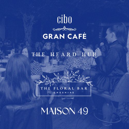 Blue-tinted promotional poster for Cibo Gran Café at The Hard Hub, Floral Bar Cheshire, Maison 49.