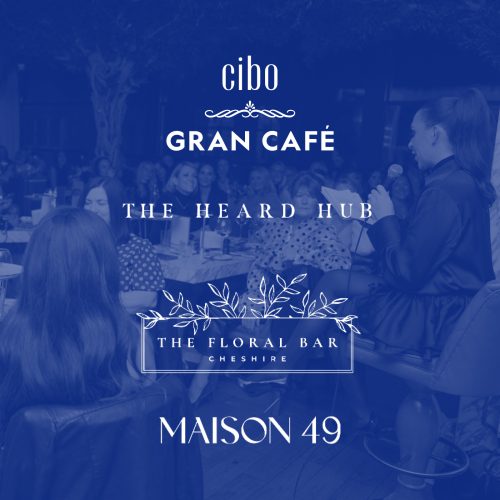 Blue-tinted event banner featuring logos and text for Cibo Gran Café, The Heard Hub, The Floral Bar Cheshire, and Maison 49, with a speaker addressing diners in the background.